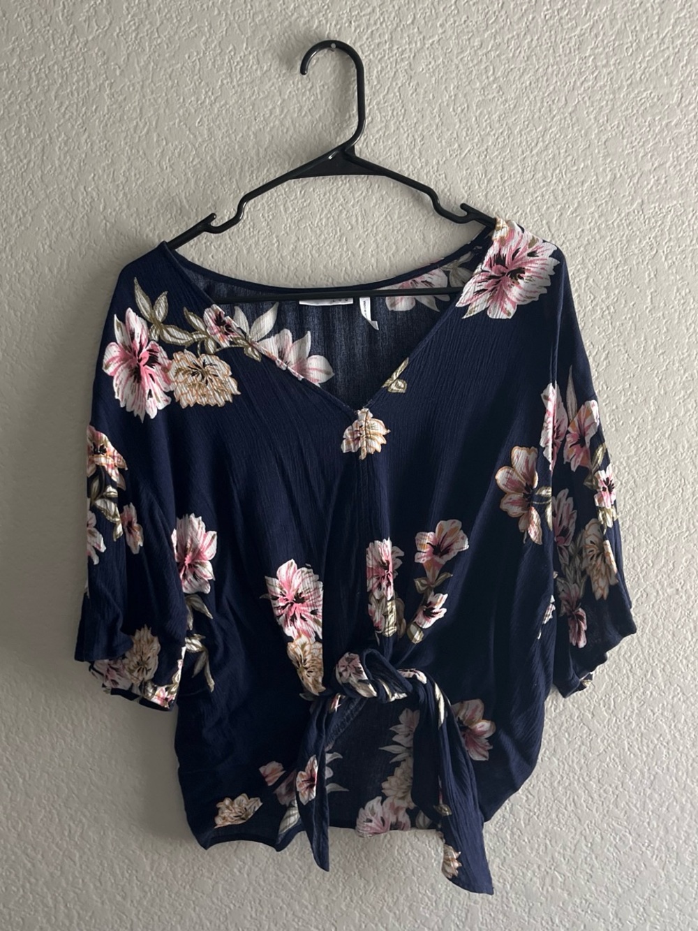Navy Floral Tie-Front Blouse with Pink Accents
